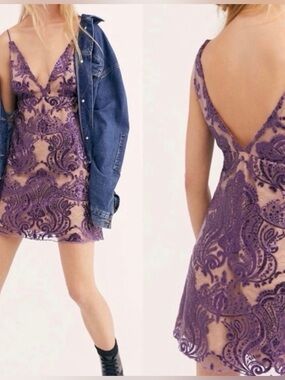 Free People Amethyst Sequin Lace V Neck Mini Dress Size XS 0